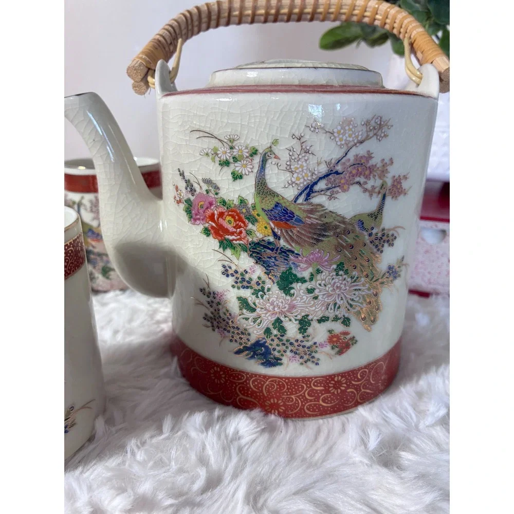 Vintage Peacock Tea Set Teapot 3 Cups Crackle Glaze Japan 1979 Arnart Satsuma
